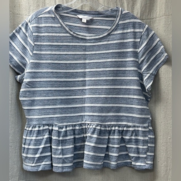 LC LAUREN CONRAD Top /Peplum Stripe Short Sleeve Blue White/ XL - Picture 2 of 9